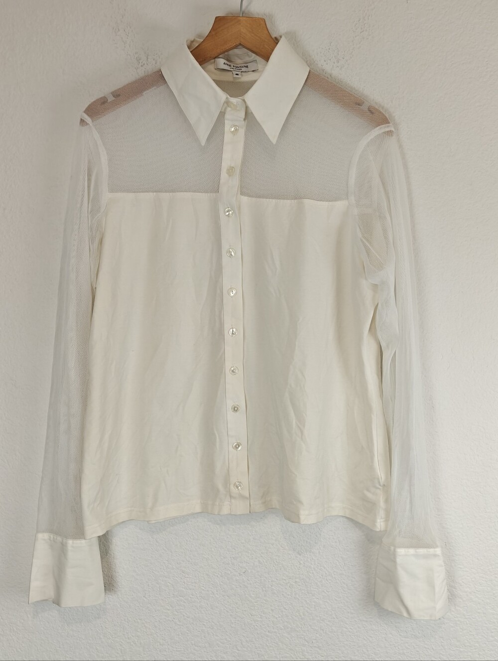 Anne Fontaine White Sheer Mesh Panel Button Front Blouse FR 46 Parisian Luxury